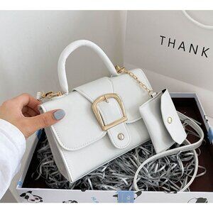 White Mini Handbag With Gold Buckle & Detachable Pouch Top Handle & Crossbody St
